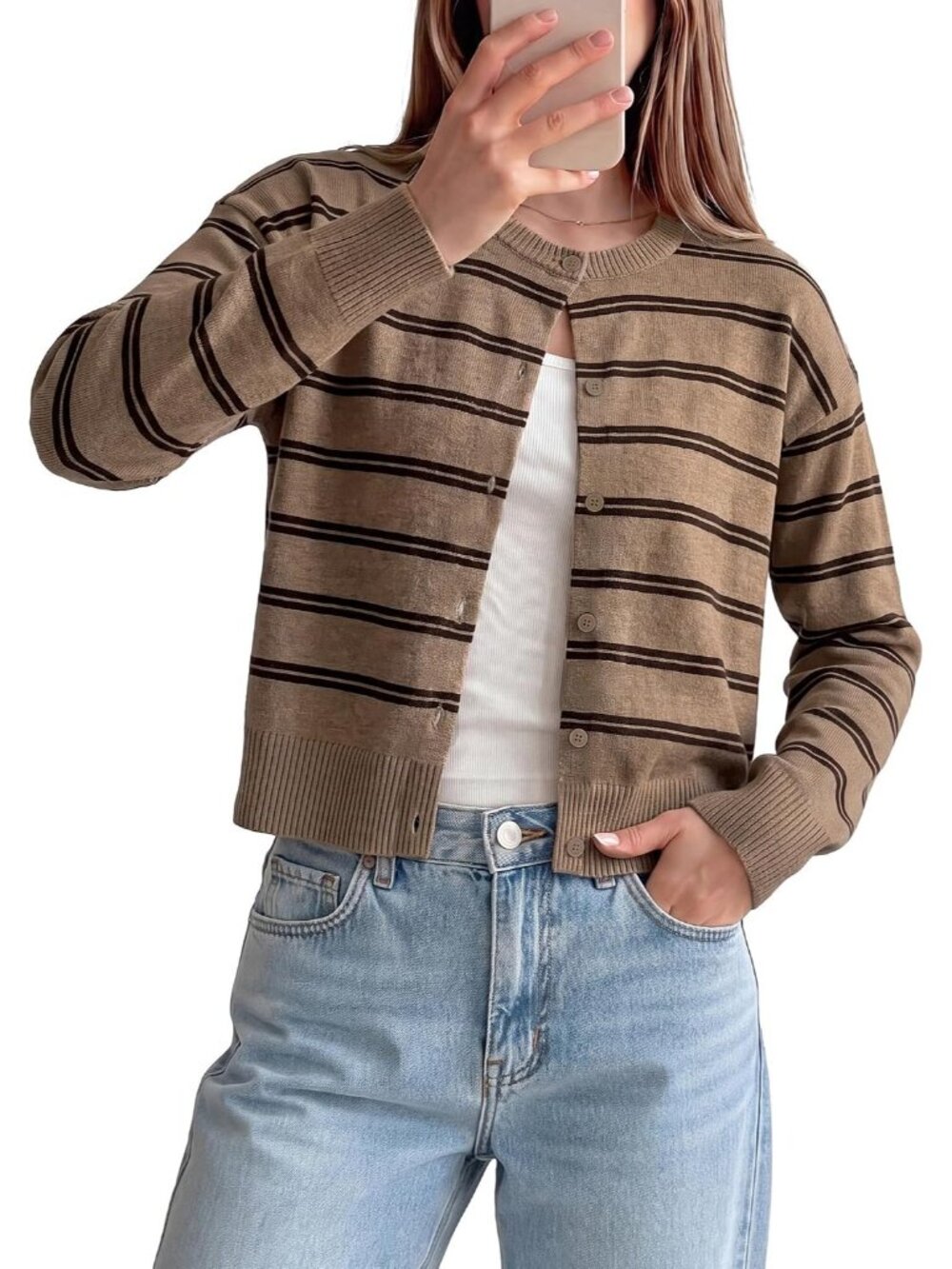 🆕Women Brown Stripe Cropped Knit Cardigan Sweater Crew Neck Button Front Jacket